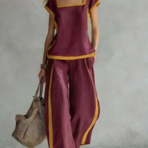 Square Neck Linen Matching Set with Contrast Detail - Relaxed Fit