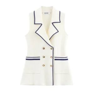 Slim-Fit Knitted Blazer Vest with Contrast Stitching - Professional Button Top