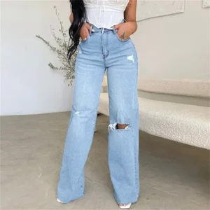 Women's High-Rise Straight-Leg Jeans - Distressed Knee Relaxed Fit