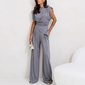 Sophisticated Asymmetrical 2-Piece Set - High-Rise Wide-Leg Pants