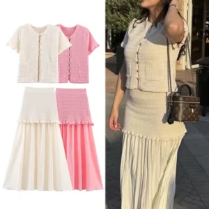 Sophisticated Knitted Co-ord Set - Professional Button-Down Knit Top & Skirt