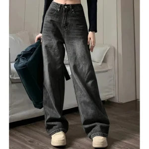Women's High-Rise Wide-Leg Streetwear Jeans - Classic Gray Relaxed Fit