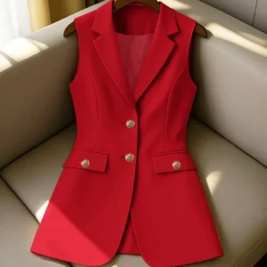 Women's Longline Blazer Vest - Gold Button Notched Lapel Suit Waistcoat