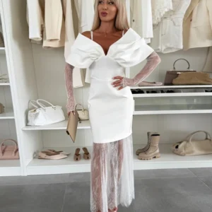 Dramatic Deep V-Neck Bodycon Dress - Removable Lace Statement Train