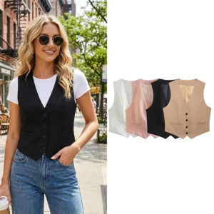 Classic Button-Front Waistcoat - Timeless Sleeveless Vest for Women