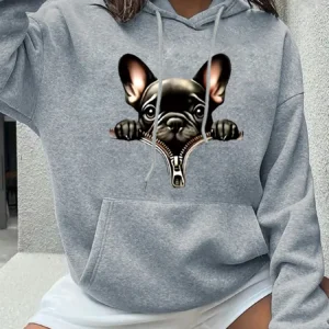 Women's Dog Print Zip-Up Hoodie - Fleece-Lined Casual Sweatshirt