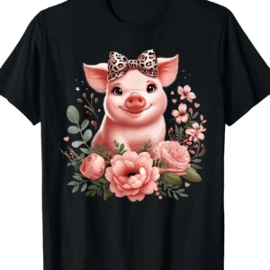 Cute Pig with Leopard Print Headband T-Shirt 220g