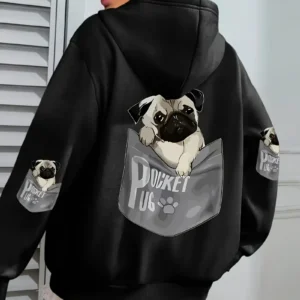 Cartoon Pug Pocket Print Hoodie - Women's Loose Fit Fleece Pullover