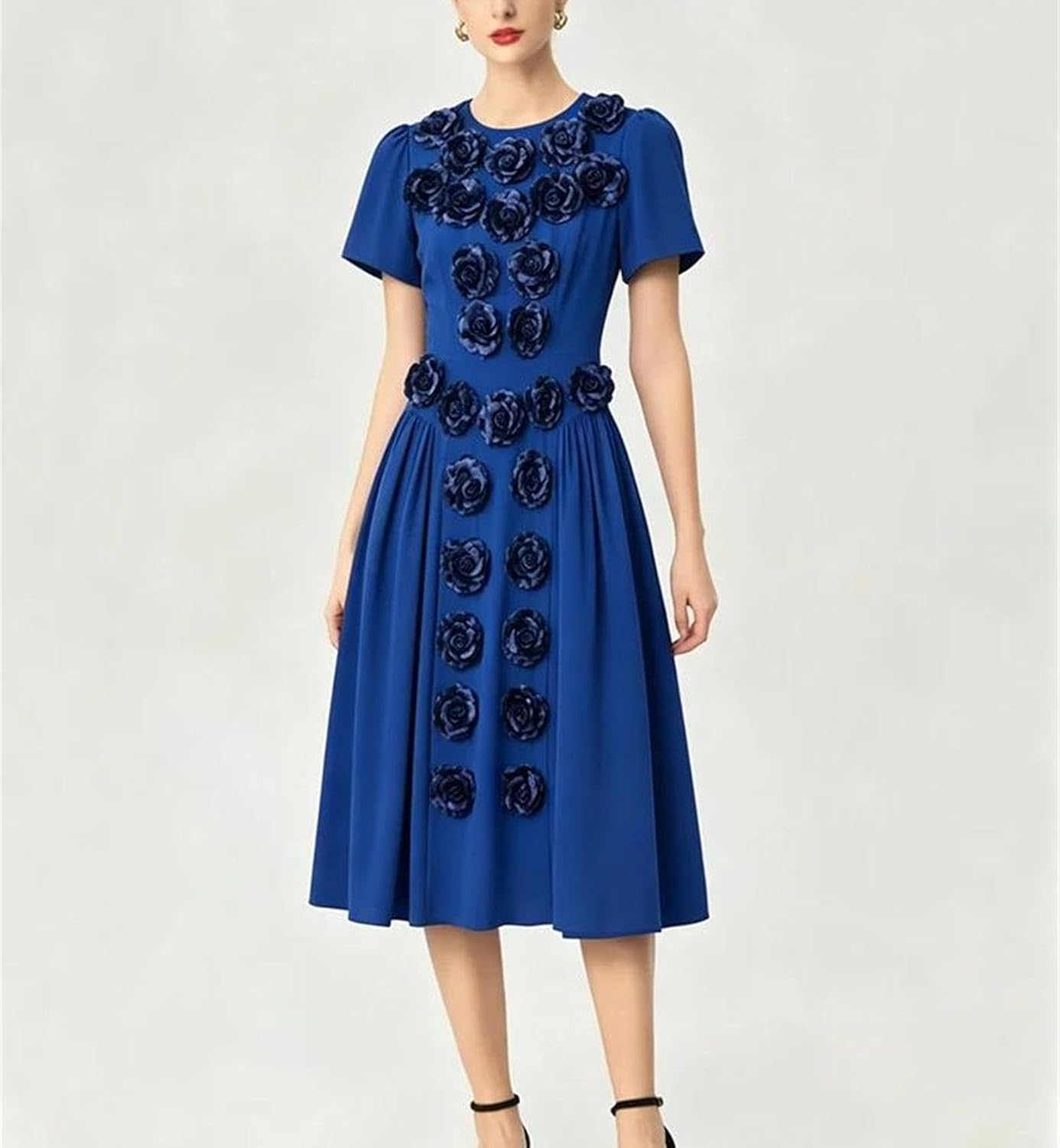 Women's Crew Neck Floral Applique Party Midi Dress - Image 4