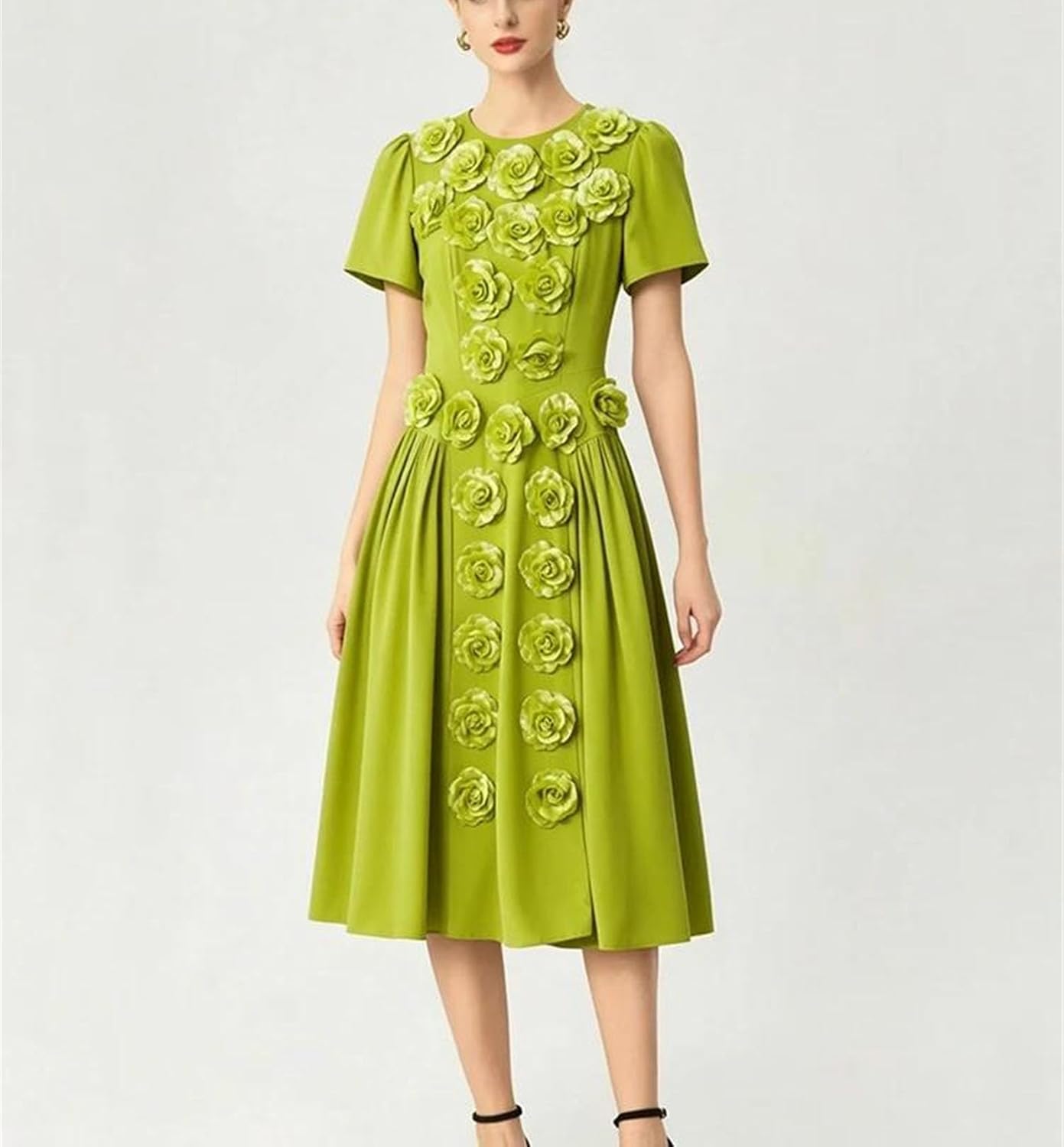 Women’s Crew Neck Floral Applique Party Midi Dress