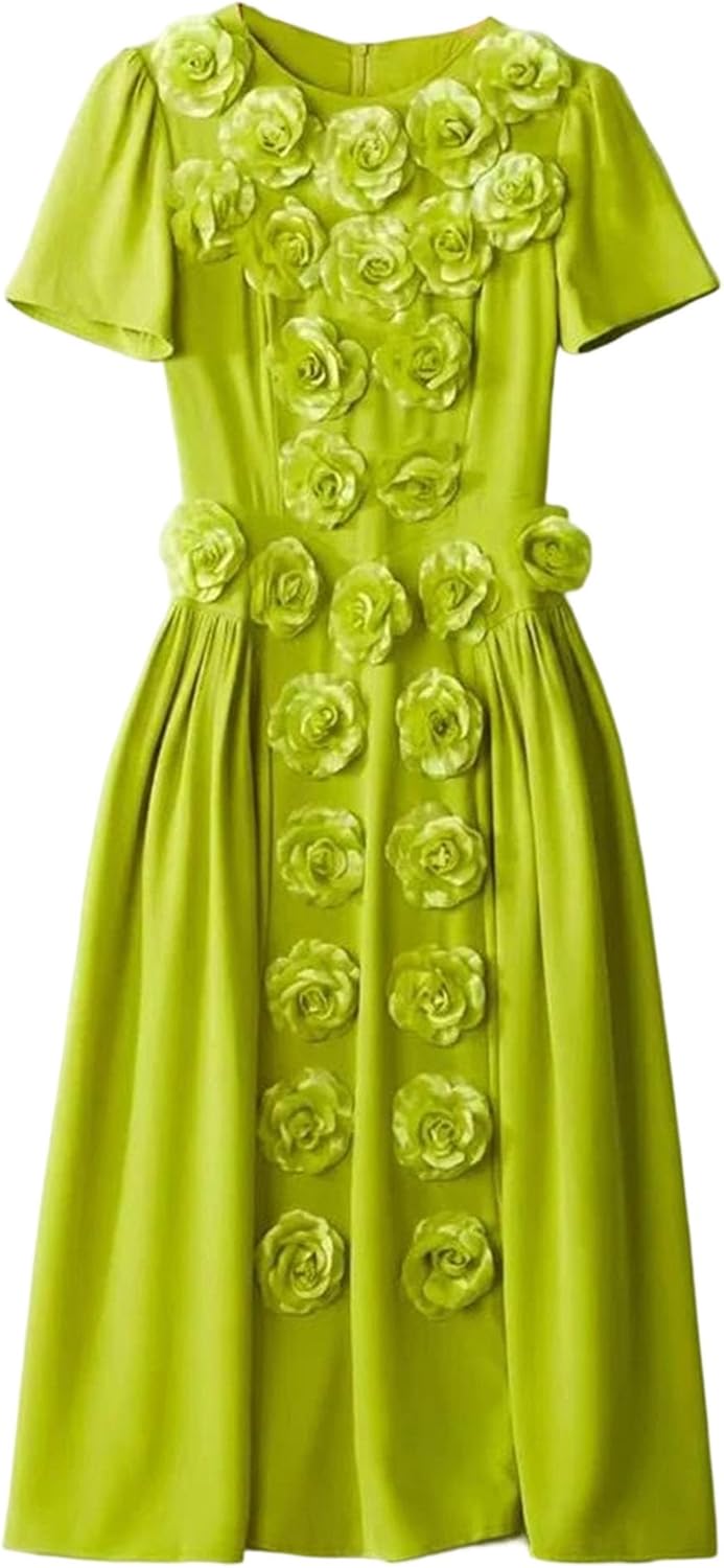 Women's Crew Neck Floral Applique Party Midi Dress