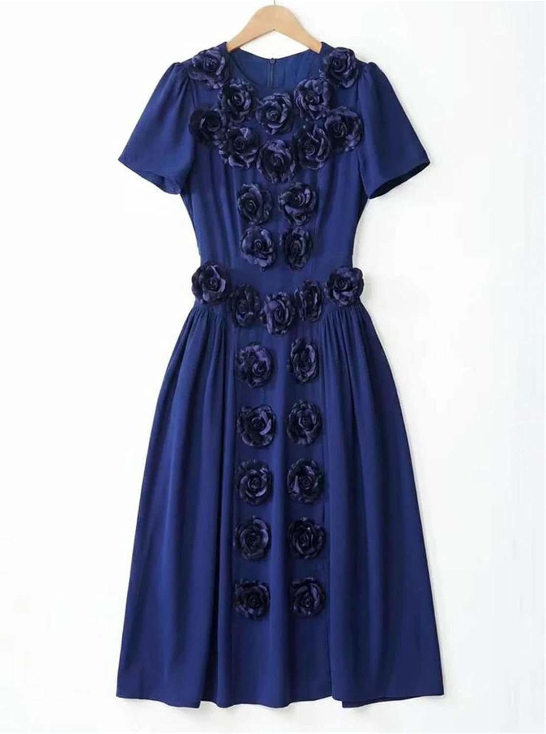 Women's Crew Neck Floral Applique Party Midi Dress - Image 8