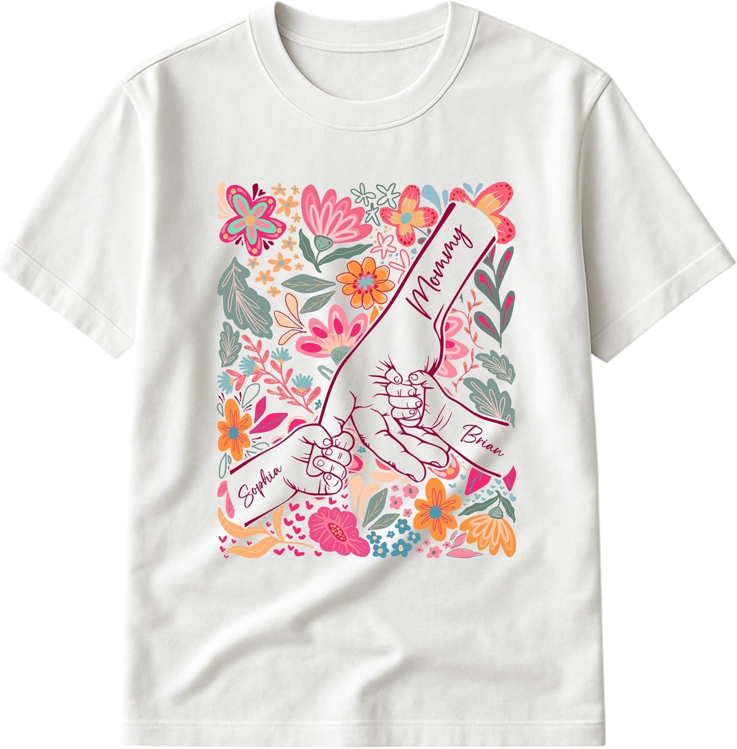 Women's Mother Child Floral Hands Graphic T-Shirt