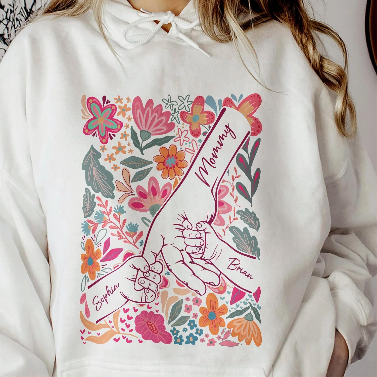 Women's Mother Child Floral Hands Graphic T-Shirt - Image 3