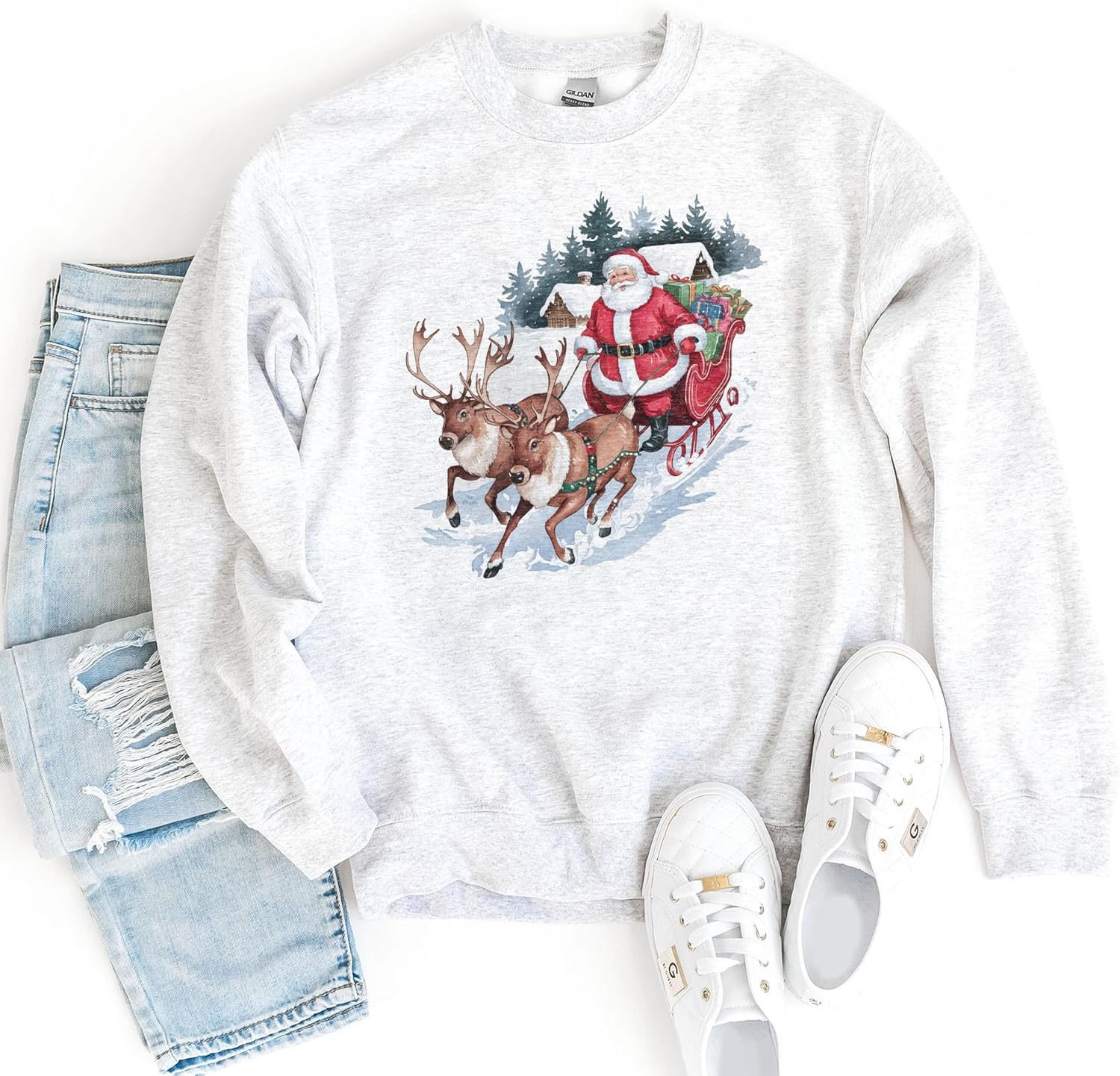 Women's Vintage Santa Reindeer Christmas Graphic Sweater - Image 8