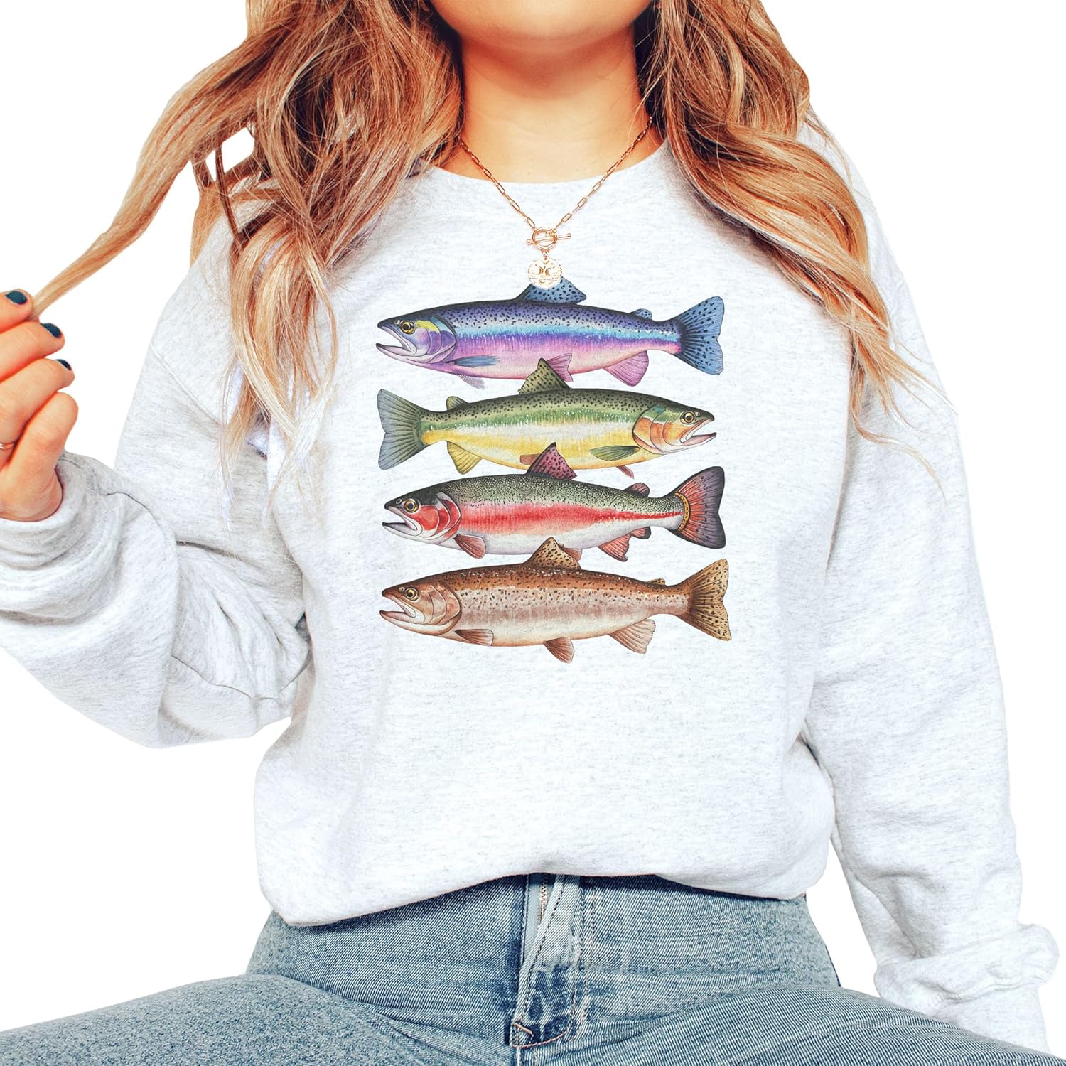 Women's Abstract Trout River Fish Graphic Sweater - Image 8